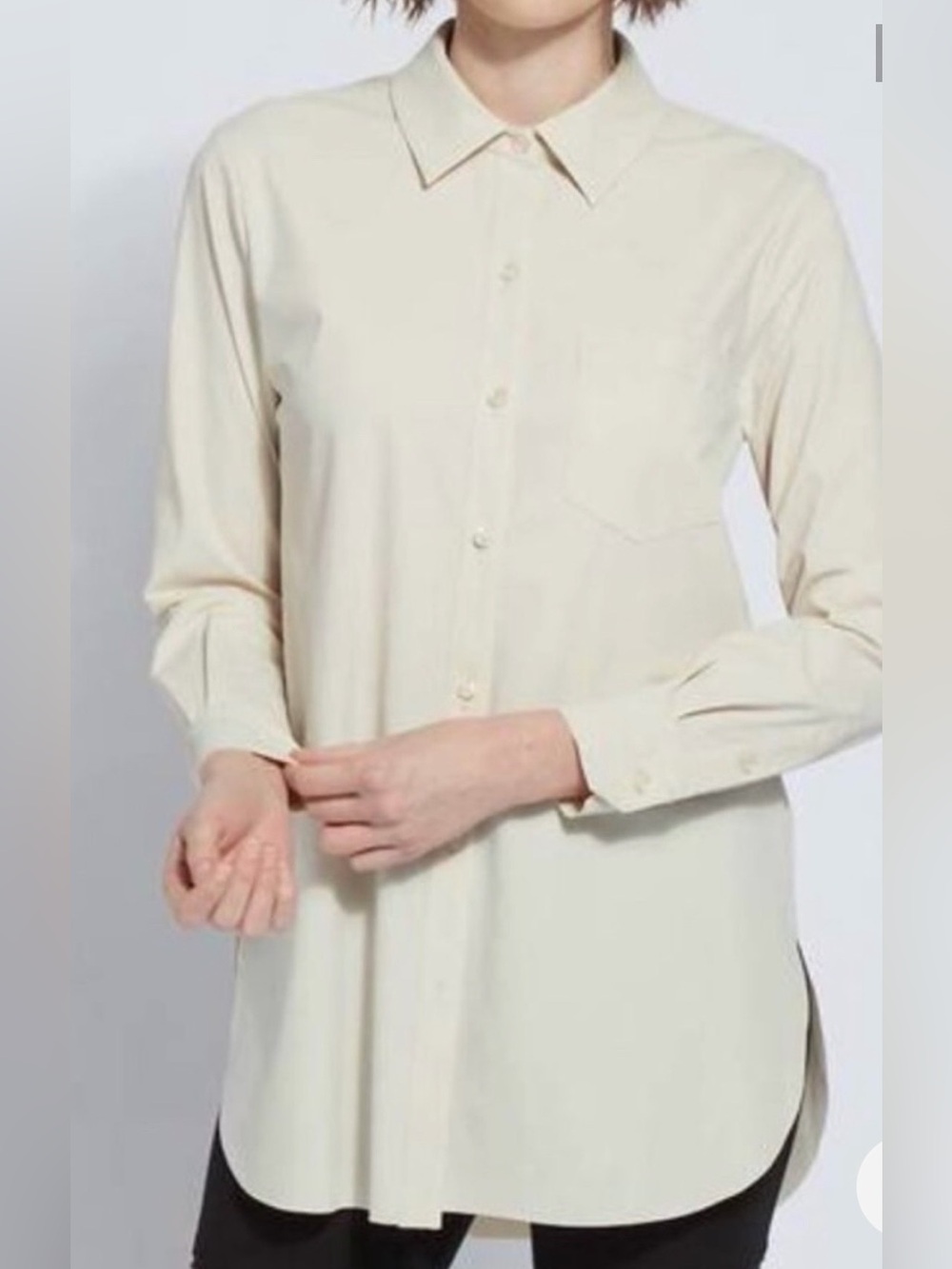 Lyssé Schiffer Stretch Microfiber Button Down Tunic Shirt Cream Size L